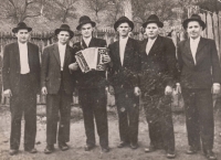 On the far right, Josef's father, Alois Maštalíř, in the middle, accordion player Merhaut and other friends, Gerník