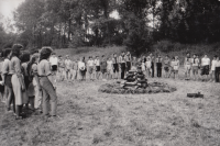 Bonfire during the Scout oath in the Scout organization in Veselí nad Moravou, Na Jezeře in Veselí nad Moravou, June 29, 1990  
