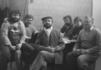 Lubomír with a group of bricklayers at the Lapidarium. Photo 1991.