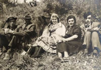 His mother in Sokol folk costume at the Terezín Remembrance Day in May 1946 with Mrs. Kukla (wife of a fellow prisoner), Vladimír Mašín on the right, his father on the left