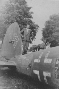 Rudolf Mejsnar on the fuselage of a German plane (around 1945)