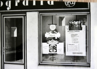Shop window photo in Blovice in November 1989