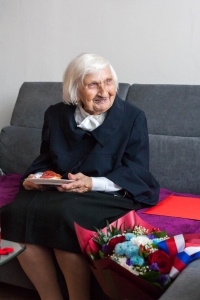 Marie Dubská shortly after her 100th birthday, filming for Memory of Nations, November 2021, Prague