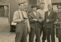 From left - Josef Smékal, Ing. Němec - agronomist, Sovie partisans, liuetenant Rejent from Proseč, Vysoké Mýto after liberation