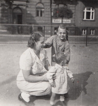 The witness (in the front) on a walk with mother and older sister Marie, ca. 1943