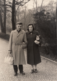With her husband on a trip in Prague, near Main station, ca. 1960