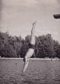 Diving from 3m diving board in Blansko, 1950