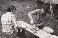 Part of the Group of Five having a snack during en plen air painting. On the left Vladimír Groš, on the right Jaromír Hynšt, 1970s
