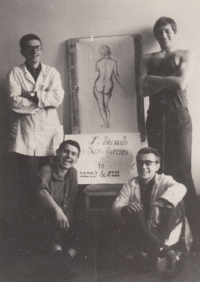 Jiří Peša (sitting on the left) at the School of Applied Arts with classmates, 1966
