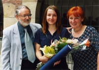 With her daughter and husband at her daughter's doctoral graduation in Prague in 2002