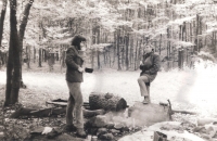 Václav Štěpánek (on the left) as a hiker in Kančí louka near river Oslava, 1980