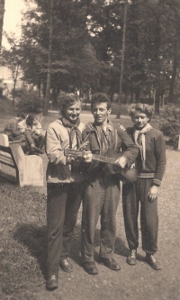 Martin Hrbáč with a guitar, at a school trip to Tatra Mountains, Strážnice Grammar School, around 1956 

