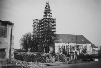The beginning of the church repairs, on the left the demolished store Budoucnost, 1946