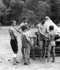 Petr Hejna (third from left) at a scout camp, 1966