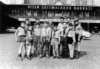 Going to a scout camp, Petr Hejna standing in the front row, first boy on the right (1966)