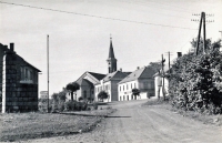 View from the demolished castle, on the right the Jednota pub (formerly Chamrád's pub), school, church, on the left the monument to the fallen, 1965