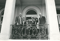 On the balcony of the castle in Šilheřovice during the visit of Lord Rothschild in 1992