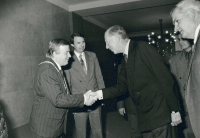 On the left, the mayor of Ostrava Jiří Smejkal, shakes hands with Lord Rothschild, and František Hromek on the right.