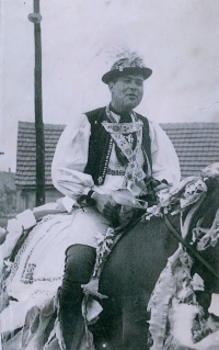 Josef Holcman riding a horse during the Slovácký rok folklore festival. Kyjov, 1957