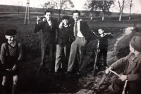Josef Jonáš in the middle, brother Jiří on the scooter, Křtěnov, approximately 1956

