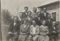 Middle row on the left on the edge of the witness's father Václav Renza, Catholic youth, Borová parish, 2nd half of the 1920s