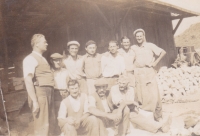 Stonemasons at the Soudek's workshop. Second from left, Josef Hejda, Josef Barták, František Chlád, Jansík, K. Hanousek, on the left, sitting, Marie's dad, Karel Stojan, old Krupička, and Lankaš. After 1945