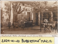 Postcard of a pub in Moravský Karlov decorated for the occasion of a masquerade ball, 1937