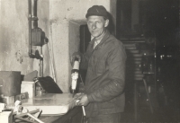 Husband Oldřich at work, car repair shop in Polička, 80s