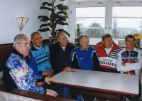 Pavel Doležel (far left) at a meeting with former cyclists; from left by Pavel Doležel are Gainan Saidkhuzhin, Viktor Kapitonov, Antonín Bartoníček, Jan Smolík and Michal Klasa, 1999