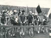 Start of one of the stages of the Peace Race in a packed stadium, 1960s
