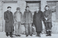 Jaroslav Smutný, first from left as a project architect and construction manager during the building of a hotel in Handlová in Slovakia. Second half of 1950s.

