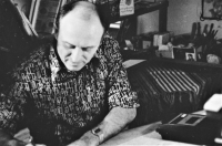 Jaroslav Smutný transcribing songs from tape recorder to sheet music. 1971.