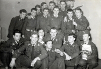 Jan Bartoš (right with a microphone) at a military school in Poprad on Christmas Day 1963