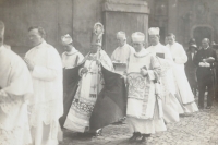 1927 consecration of the bells at Strahov, Father Jaroslav Krejčí in white chasuble, second from the right