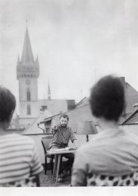 Poetry evenings on the roof terrace of the house No. 93 in Palackého Street in Dvůr Králové, 1965