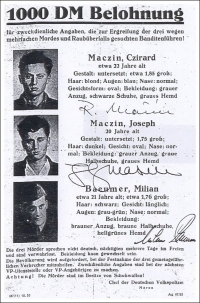 Appeal to the population in East Germany with a reward of 1000 marks for information leading to the capture of the fleeing bandits, robbers and murderers Josef Mašín, Ctirad Mašín and Milan Paumer; poster from October 1953