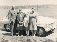 The Pelants with a new car (from the left Čestmír, Květa Jr., Zlata, Květa), 1962
