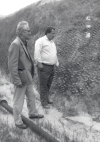Jan Kadlec on the left, on the construction site with a colleague, research on bank reinforcement with grass mats, 1984