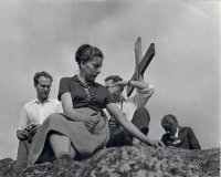 Kadlec family from left Jan, Noemi, Timek, Jana on a trip to the Prosička rock near Sedliště, about 1956