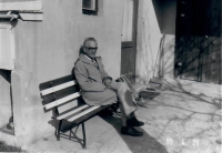 On a bench at the cottage, April 21, 1985