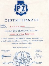 Award for Josef Falář´s participation in the first Spartakiad in 1955 [mass gymnastics event]