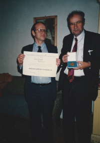 Miloš Rejchrt and François Brélaz on the day the George of Poděbrady Medal was awarded to F. Brélaz, 10 December 1991
