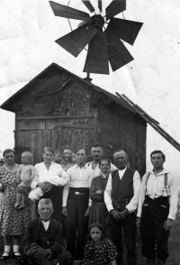 Antonín Szkandera's family at a windmill, Mosty u Jablunkova, 1933