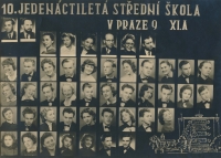 Jaroslava Tvrzníková (the first one in the first row of the students) on the graduation board, 1957

