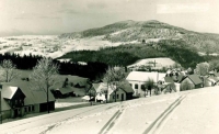 View from Albrechtice to Bukova hora, below it the Schowanek factory, where weapons, additional fuel tanks for aircraft and models of equipment for the German Air Force were produced during the war
