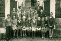 Charlotte Scharf pictured from the school, (fifth from bottom right), top right teacher Mr. Baum, early 1950s