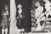 Fr. Drápala as an amateur member of the Satirical Collective of Transistors (SaKoTrans) 2. from the left, "Jeppe z vršku" performance, end of the 60s