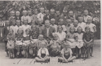 Josef Novosad with classmates and their teacher František Fofoňka at school in Velký Zdenec, 1937