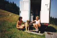 Milena Ručková (on the right) at her pastoral caravan at Gruň in the Beskydy Mountains / circa 1980s