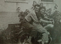 Helga with her husband on a motorbike